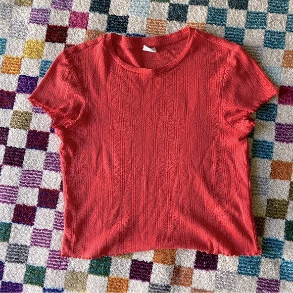 Urban outfitters lettuce hem baby tee crop top coral red medium - Picture 2 of 8